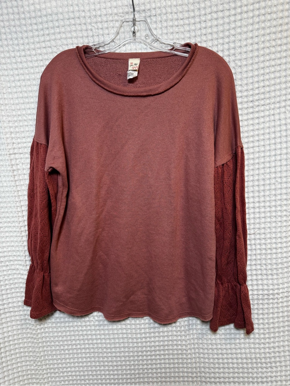7th Ray Long Sleeve Terracotta Crochet Sleeve Pullover Top, Made in USA